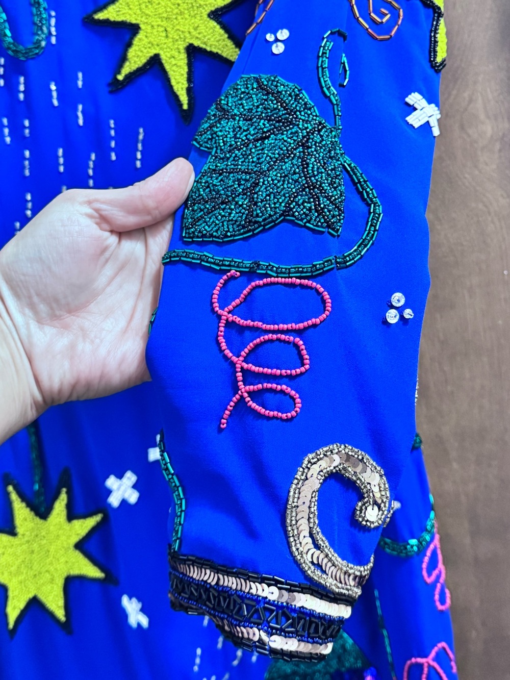 Vintage Ornate Pop Art Embellished Royal Blue Dress w/Beaded Appliqués - Picture 7 of 16